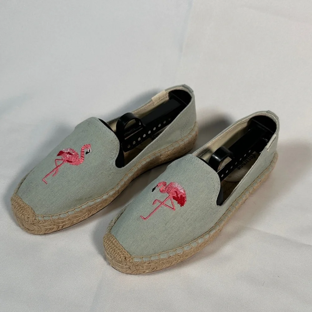Anthropologie Soludos Espadrilles Canvas Loafers Blue Flamingo Slipper Size 7